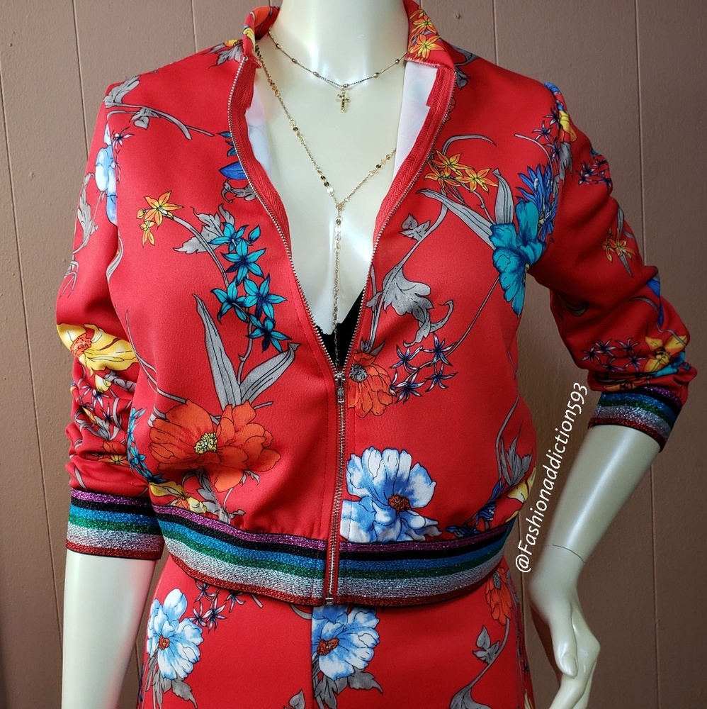 Red Floral two pieces matching set jacket and pant